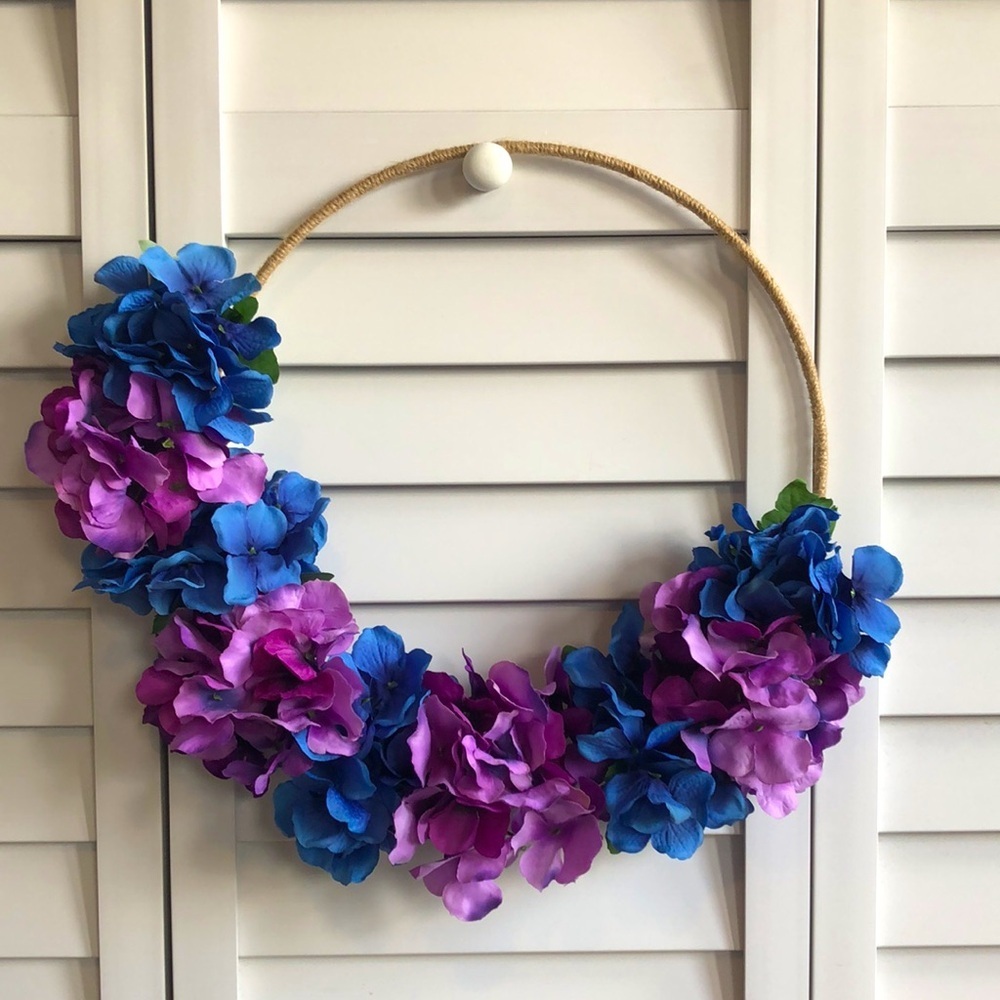 Blue Purple Hydrangea Azalea Floral Decor Twine Tweed Hoop Wreath